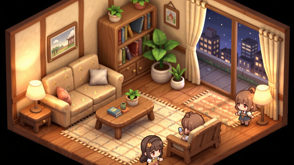 乙女传说@乙小屋游戏的小屋装扮界面,画面展示一间日式温馨房间,内有沙发、书架、绿植与落地窗,窗外可见城市夜景。布局为俯视视角全景,房间角落有Q版角色互动。风格为日系模拟经营游戏室内场景,细节包括家具光泽、地毯纹理、灯光暖色调。画质清晰,画面干净,无多余元素。