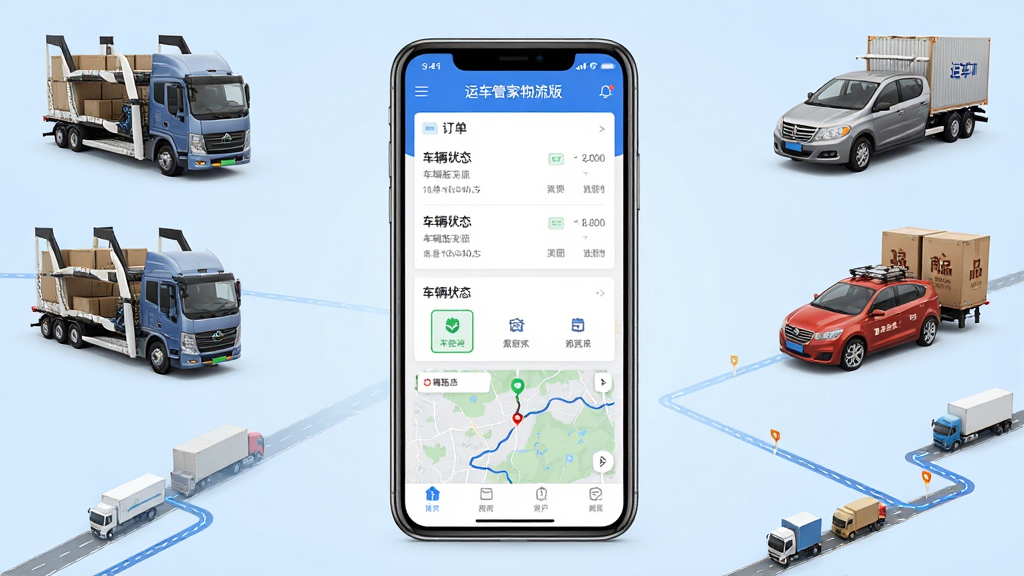 手机屏幕中央展示“运车管家物流版”应用主界面,界面包含订单列表、车辆状态、地图轨迹等模块,背景为干净的浅蓝色渐变,周围环绕轿运车、商品车、物流路线等元素,构图居中对称,风格简洁商务,细节清晰,画质高清,画面干净无多余元素