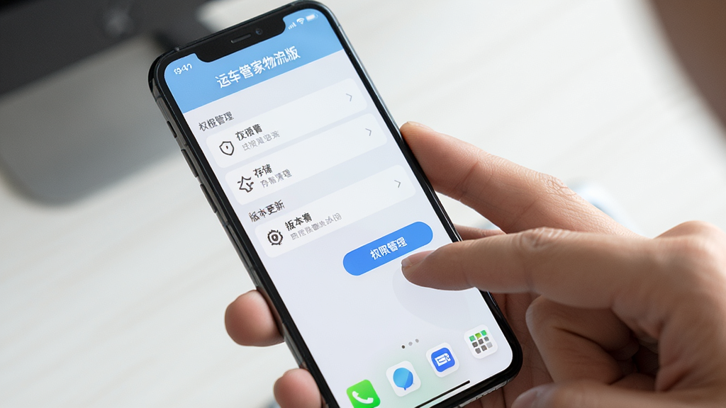 手机屏幕显示“运车管家物流版”的设置页面,页面中有权限管理、存储清理、版本更新等选项,旁边有手指正在点击“权限管理”按钮,背景为浅色手机桌面,构图以上半身手持手机为主,风格生活化,细节清晰,画质高清,画面干净无杂乱