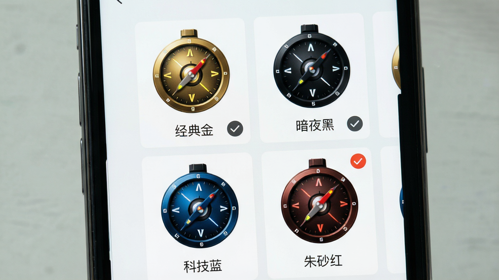 一张展示中道相机罗盘个性化皮肤选择界面的图片,画面主体为手机屏幕,屏幕内显示四款不同颜色的罗盘缩略图,分别为金色、黑色、蓝色、红色,布局为2x2网格排列,风格清新浅色,细节包含“经典金”“暗夜黑”“科技蓝”“朱砂红”的文字标签和选中勾选标记,画质高清,干净,无多余元素
