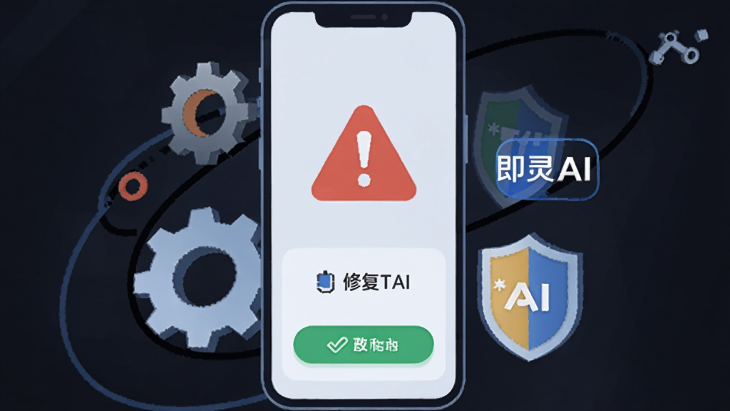 画面展示一部手机屏幕出现警告图标和修复工具,旁边有即灵AI标志;布局为手机居中,周围环绕齿轮和盾牌元素;风格为扁平化科技插画;细节包括红色警示符号和绿色修复按钮;画质清晰,干净,无多余元素