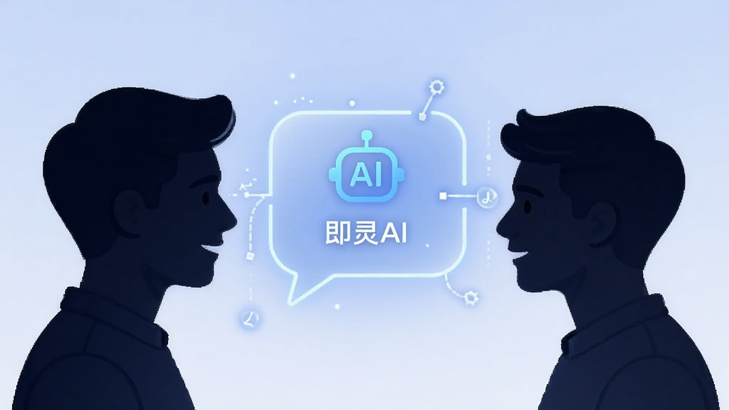 画面主体为两个人物剪影面对面交流,中间漂浮着发光的对话气泡,气泡内显示即灵AI的图标和文字;布局采用左右对称构图;背景为柔和的浅蓝色渐变;风格为简约科技插画;细节包括气泡中的文字符号和连接线;画质清晰,干净,无多余元素