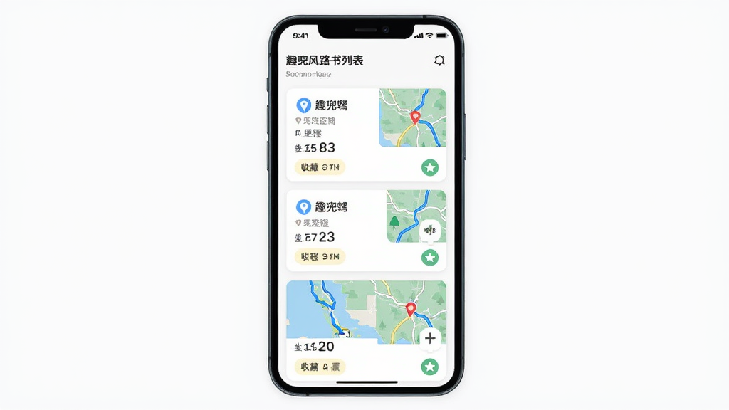 趣兜风路书列表页面,画面中央是一部手机,屏幕显示多条自驾路线卡片,主体为路书卡片与地图缩略图,布局纵向排列,排版整齐,风格为清新简约UI插画,细节包含路线标签、里程数字、收藏按钮,画质高清,干净,无多余元素