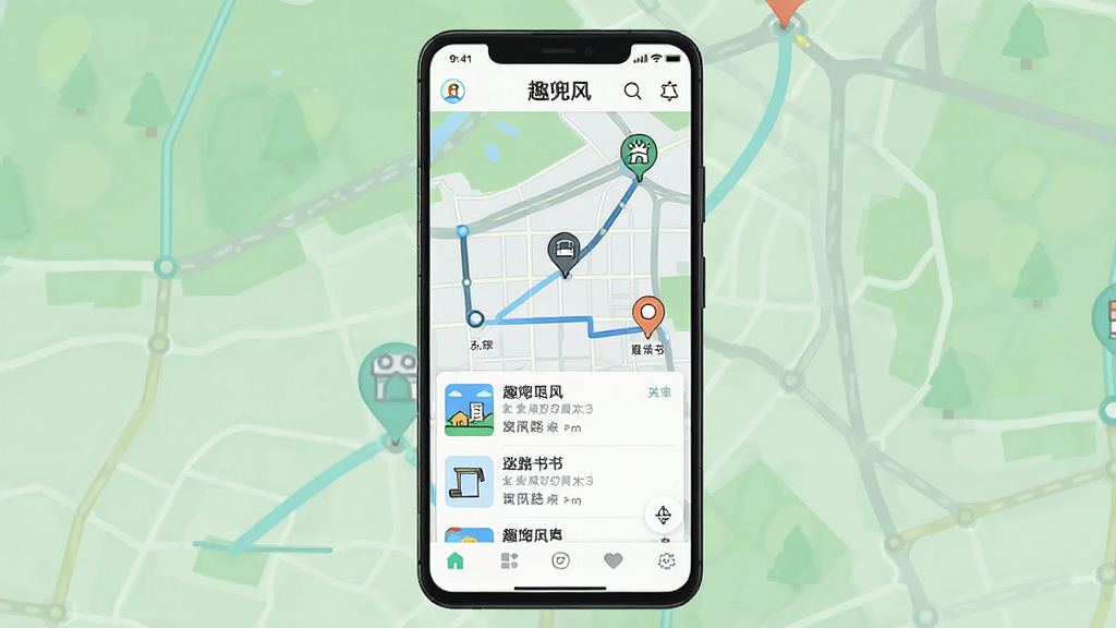 趣兜风手机应用主界面展示,画面中央是一部竖屏安卓手机,屏幕内呈现趣兜风App首页地图与路书列表,主体清晰,布局居中,排版简洁,风格为现代科技感扁平插画,细节包含地图路线线条、景点图标、底部导航栏,画质高清,干净,无多余元素