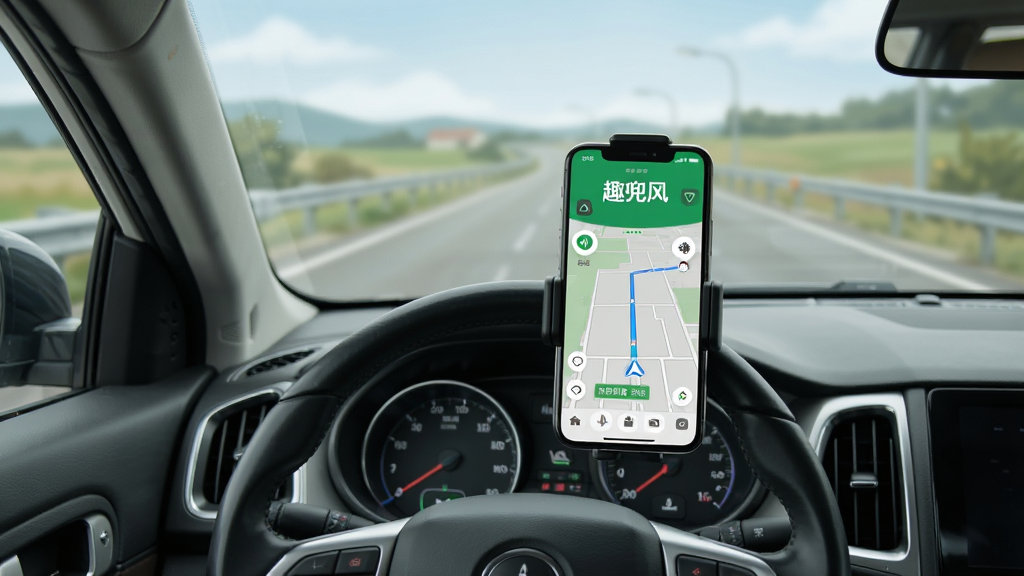 趣兜风行车导航实景展示,画面中央是一辆汽车行驶在公路上,手机固定在支架上显示趣兜风导航界面,主体为车内视角,布局横向,排版自然,风格为写实摄影风插画,细节包含方向盘、公路、手机屏幕、语音图标,画质高清,干净,无多余元素