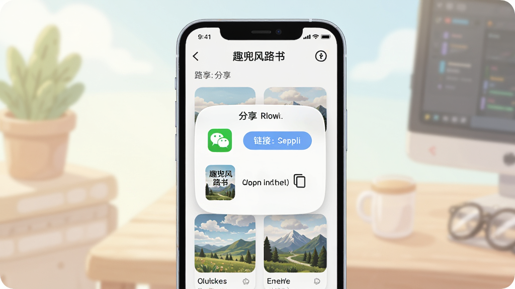 趣兜风路书分享界面,画面中央是一部手机,屏幕显示分享面板与路书缩略图,主体为分享弹窗,布局居中,排版简洁,风格为柔和圆角插画,细节包含微信图标、链接复制按钮、路书封面,画质高清,干净,无多余元素