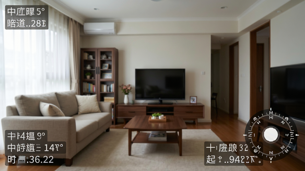 中道相机罗盘拍照水印效果图,主体为一张客厅照片,照片角落叠加方位信息水印,水印包含度数、二十四山坐向、时间,布局为照片全屏展示水印位于右下角,排版自然,风格为真实拍摄效果,细节包括水印文字清晰、照片画质良好,画质高清干净无多余元素