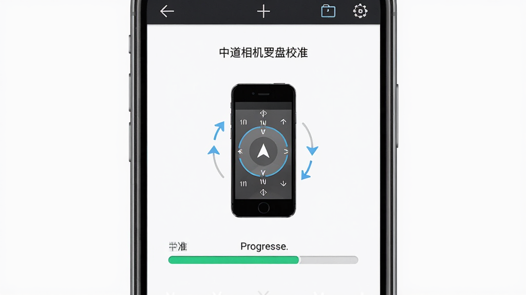 中道相机罗盘校准界面图,主体为手机屏幕显示罗盘校准引导画面,画面中有手机旋转方向示意图和校准进度条,布局为手机竖屏居中展示,排版简洁,风格为科技感界面,细节包括引导箭头清晰、进度条直观、配色清爽,画质高清干净无多余元素