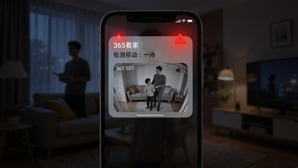 手机屏幕弹出报警通知卡片,卡片上显示“365看家”检测到移动,并附有一张抓拍图片,手机背景是夜晚的客厅,有一个人影轮廓,整体风格为暗色调搭配红色警示光,画质清晰,重点突出