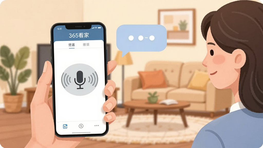 一位用户拿着手机,手机屏幕显示“365看家”对讲界面,屏幕中有一个麦克风图标和声波图案,手机旁边有一个对话框气泡,背景是温馨的家庭客厅,风格为扁平化插画,色彩柔和,画质清晰