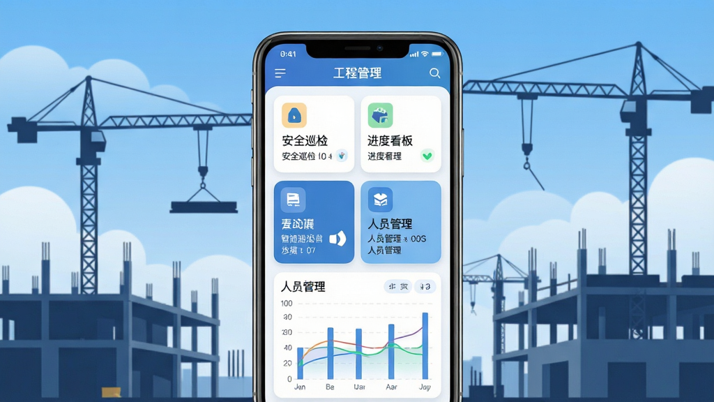 润智造软件主界面展示,画面中央为手机屏幕,屏幕内呈现工程管理仪表盘,包含安全巡检、进度看板、人员管理等功能模块卡片,背景为现代建筑工地场景,蓝天白云与塔吊轮廓,布局为居中构图,排版清晰简洁,风格为扁平化科技风,细节包括图标线条流畅、按钮圆角设计、数据图表可视化,画质高清,干净,无多余元素