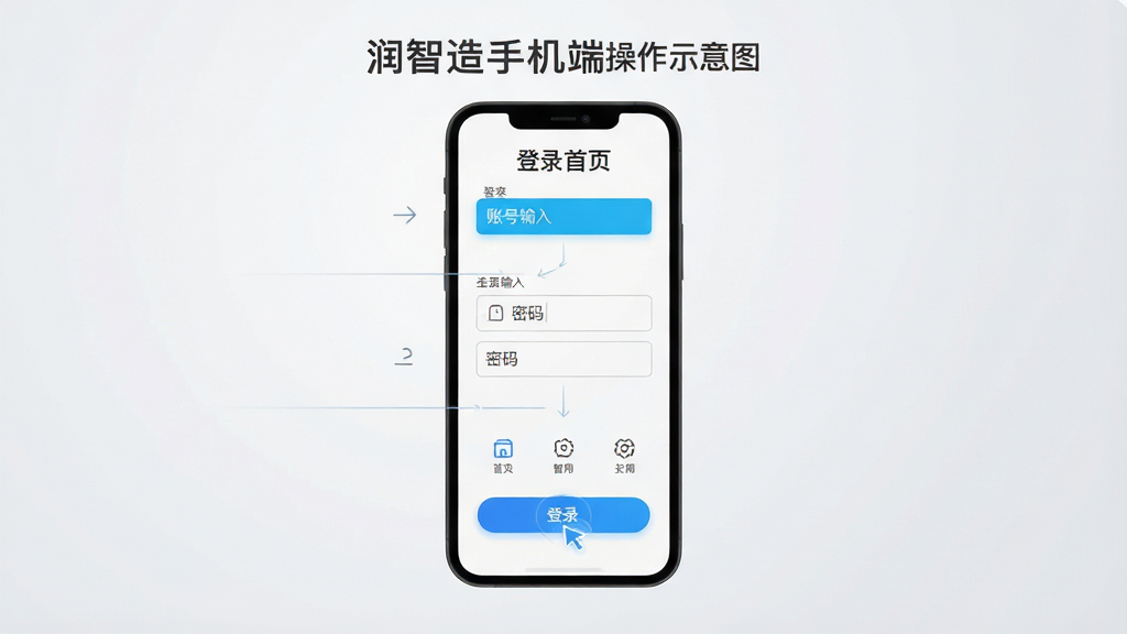 润智造手机端操作示意图,画面展示手机屏幕从登录到首页的流程,包含账号输入框、密码框、登录按钮及首页功能图标,背景为浅灰色渐变,布局为纵向排列三步骤,排版简洁明了,风格为扁平化UI设计,细节包括输入框高亮、按钮点击动效、图标线性风格,画质清晰,干净,无多余元素