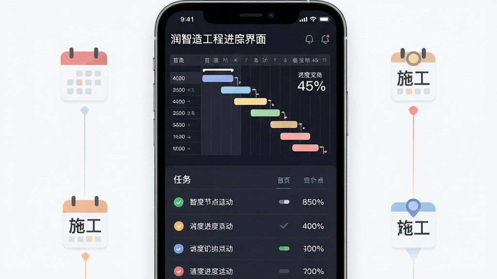 润智造工程进度追踪界面,画面中心为手机屏幕显示甘特图与进度百分比,屏幕周围环绕日历图标与施工进度节点标记,布局为上下结构,上半部分为图表下半部分为任务列表,风格为清新简约商务风,细节包括色彩柔和的进度条、清晰的数据标注、扁平化图标,画质高清,干净,无多余元素