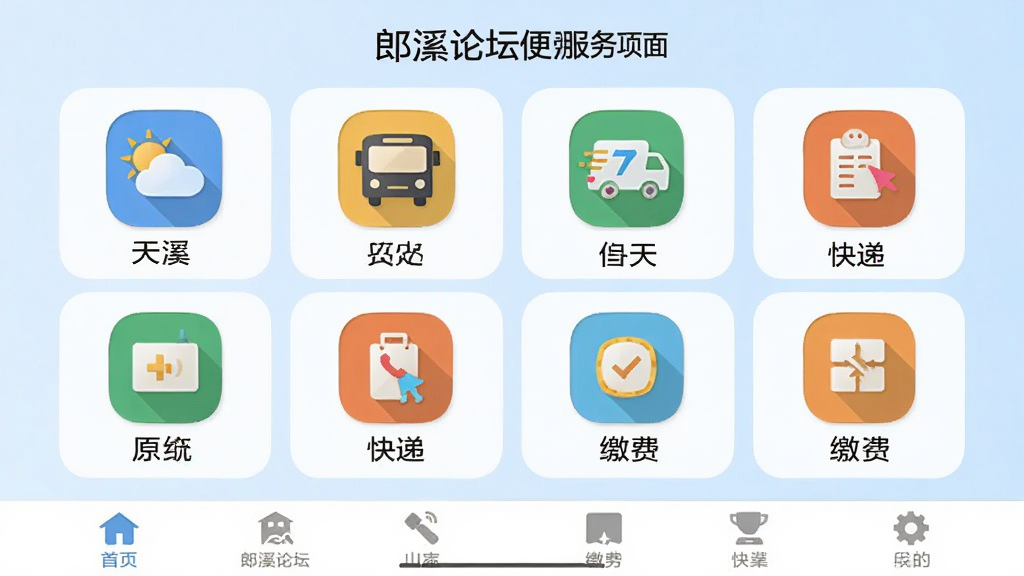 郎溪论坛便民服务页面,手机屏幕展示功能图标网格,包含天气、公交、快递、缴费等入口,背景为淡蓝色渐变,布局采用三行四列宫格排版,风格为简约工具类UI,细节包含彩色扁平图标、文字标签、底部导航栏,画质清晰,干净,无多余元素