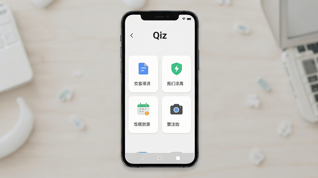 一张展示Qiz安卓应用主界面的预览图,画面中央是手机屏幕,屏幕内显示简洁的Qiz应用首页,顶部有