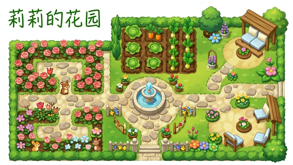 画面呈现一个俯瞰视角的完整花园全景,花园被划分为多个风格各异的区域,有玫瑰园、蔬菜地、喷泉广场和休闲区。每个区域都有对应的装饰物和植物,整体布局错落有致。画面左上角用绿色手写体标注“莉莉的花园”。风格为明亮清新的卡通风格,细节上能看到花丛中的小动物和石板路的纹理,画质干净细腻,无多余元素