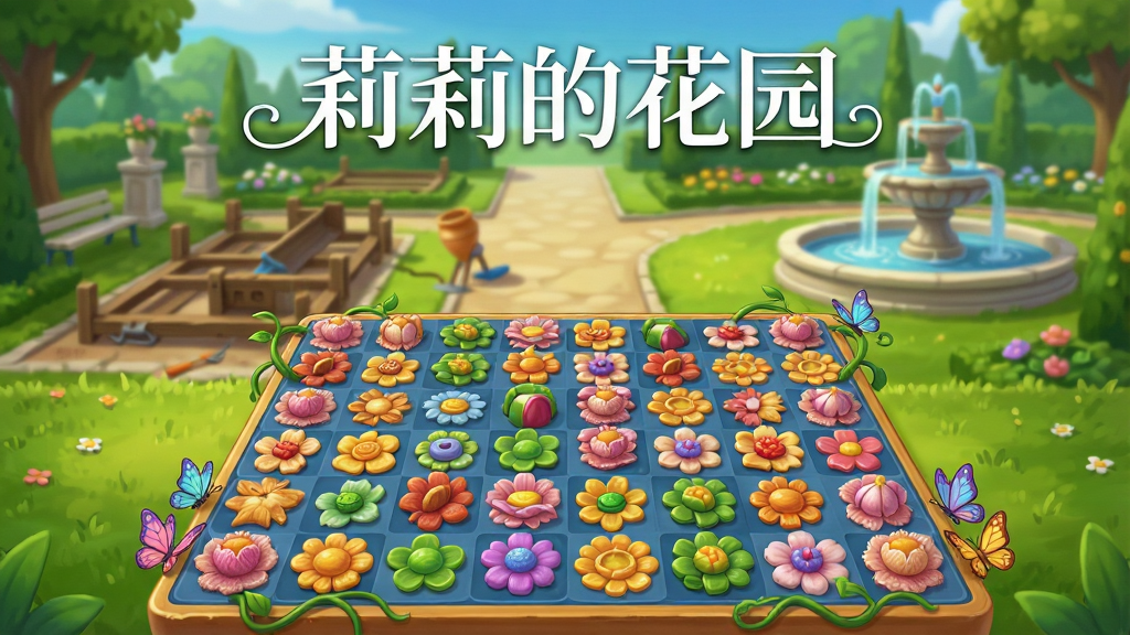 画面中央是一座阳光明媚的欧式花园,前景是色彩缤纷的三消棋盘,各色花朵棋子整齐排列,背景是正在翻修的花园小径和喷泉。整体布局采用中心对称构图,上方留白区域用优雅的白色花体字写着“莉莉的花园”。风格为清新明快的卡通渲染,细节上花瓣纹理清晰可见,棋盘边缘点缀着藤蔓和蝴蝶,画质细腻干净,色彩饱和度高,无多余杂乱元素