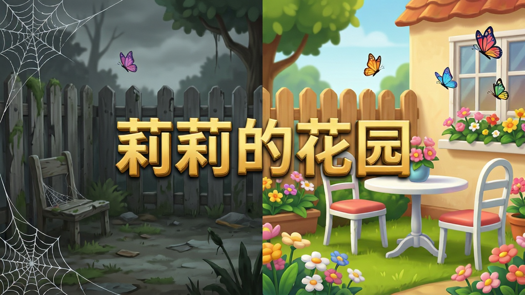 画面展示一个分屏对比效果,左侧是破旧灰暗的花园角落,右侧是同一角落被翻新后的明亮模样,鲜花盛开、桌椅崭新。画面正中间用金色立体字写着“莉莉的花园”作为分割标识。风格为温馨的卡通写实,细节上可以看到左侧的蜘蛛网和右侧的蝴蝶,布局采用左右对称对比,画质清晰干净,无其他多余装饰