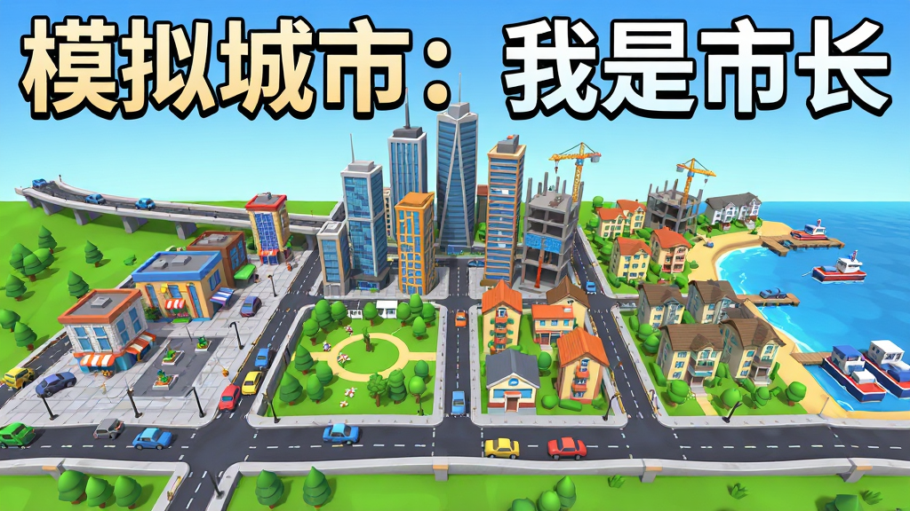 主体为一座充满活力的现代化虚拟城市全景,画面中央是错落有致的摩天大楼与住宅区,布局上左侧为商业中心,右侧为海滨住宅,前方有道路与车辆穿行,排版采用游戏宣传海报式横向构图,风格为3D卡通渲染的模拟经营游戏视觉,细节包含高架桥、公园绿地、港口与施工中的建筑,画质高清、干净、无多余元素,画面中带有“模拟城市:我是市长”文字标题