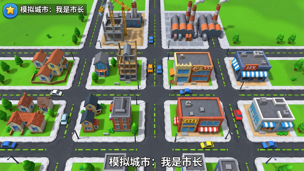 主体为俯视视角的虚拟城市布局图,画面中央展示网格化道路与分区建筑,布局采用对称式规划,左侧住宅、右侧商业、后方工业区,排版为游戏界面截图风格,风格为明亮3D卡通,细节包含道路标线、绿化带、正在建造的楼房与移动的车辆,画质高清、干净、无多余元素,画面中带有“模拟城市:我是市长”文字