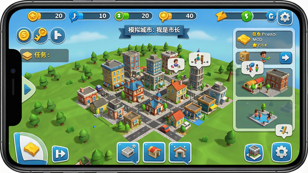 主体为手机屏幕显示模拟城市:我是市长游戏主界面,画面中央是城市全景与建造菜单,布局采用竖屏手游UI,顶部为资源栏,底部为建造按钮,排版清晰直观,风格为明亮3D卡通,细节包含模拟币、金钥匙图标、任务提示与市民对话气泡,画质高清、干净、无多余元素,画面中带有“模拟城市:我是市长”文字