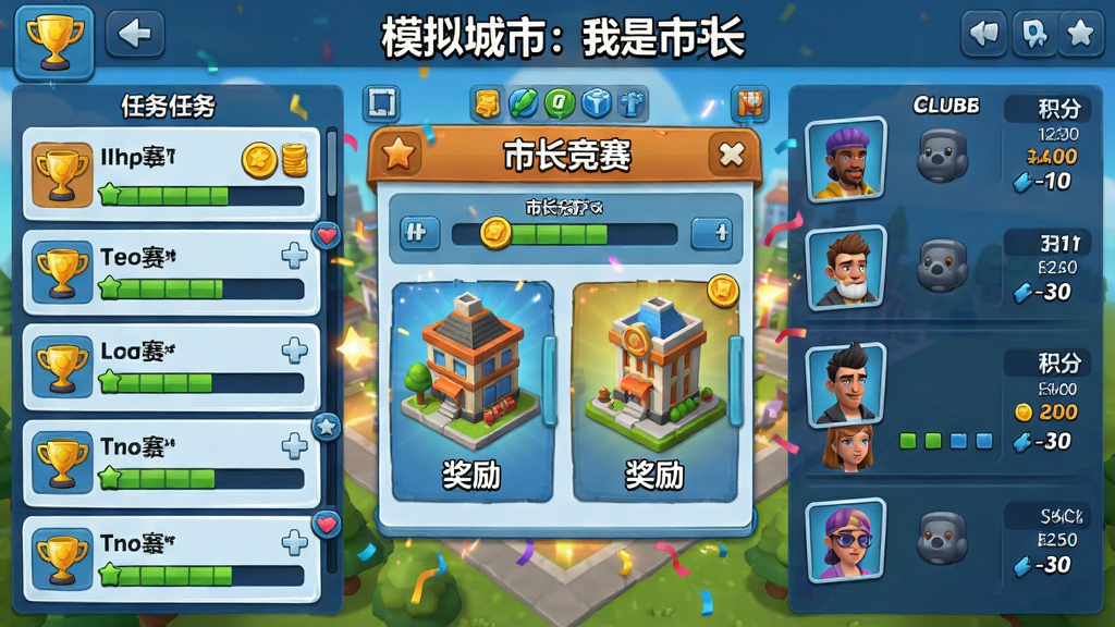 主体为游戏内赛季活动界面与俱乐部对战场景,画面中央展示市长竞赛任务面板与奖励建筑,布局采用左右分栏,左侧为任务列表,右侧为俱乐部成员头像与积分,排版为手游UI界面风格,风格为鲜艳3D卡通,细节包含奖杯、赛季货币图标、进度条与庆祝特效,画质高清、干净、无多余元素,画面中带有“模拟城市:我是市长”文字