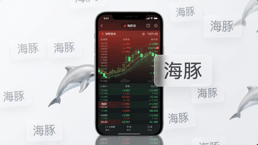 画面主体为一台竖屏智能手机,屏幕内展示红绿相间的股票行情列表,手机旁边漂浮着“海豚”字样的半透明标签,布局为手机居中、标签环绕,风格现代简约,细节上行情数字清晰可见,画质高清,干净,无多余元素