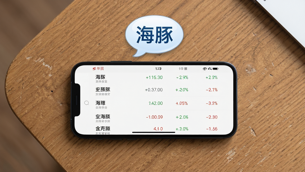 画面展示一部手机平放在木质桌面上,屏幕显示自选股列表界面,列表项带有股票名称和涨跌幅,手机上方悬浮“海豚”文字气泡,布局为俯视角度、手机居中,风格生活化科技感,细节上桌面有轻微纹理,画质高清,干净,无多余元素