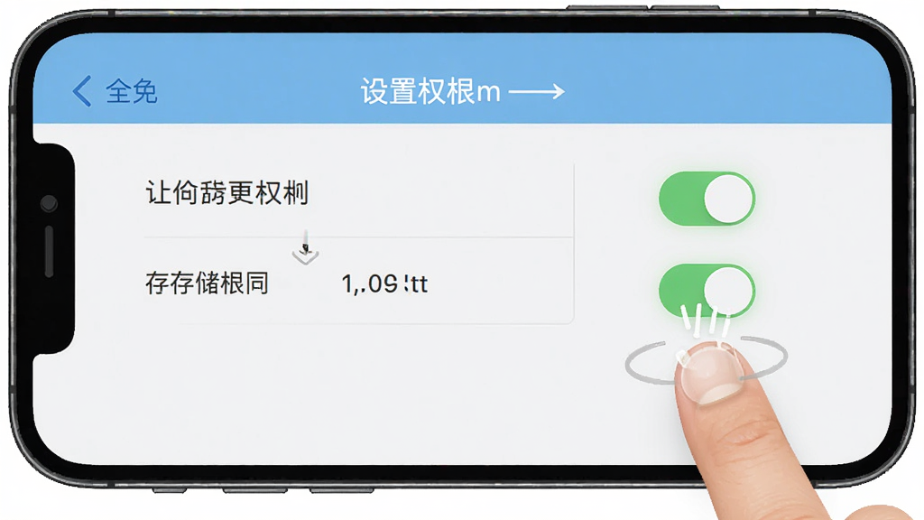 全免卫星导航APP在手机上的设置权限界面截图,画面展示定位权限和存储权限的开关按钮,旁边有手指点击操作的示意,布局简洁明了,风格为手机UI操作演示,画质高清,干净无多余元素