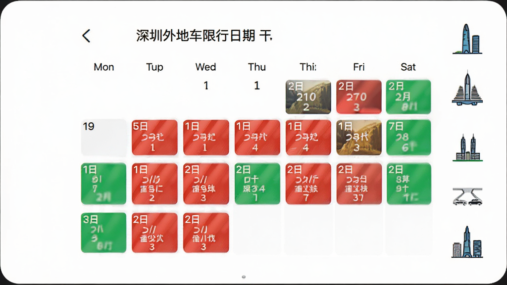 画面主体是一张电子日历界面,日历上标注了深圳外地车限行日期,工作日用红色标记,周末用绿色标记,布局为居中矩形卡片式设计,风格简洁现代,细节上日历旁边有深圳地标建筑小图标,画质高清干净无多余元素