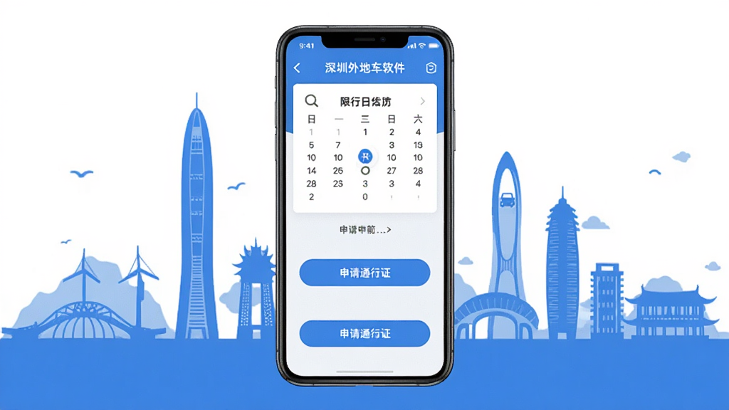 画面主体是一部智能手机,屏幕上显示深圳外地车软件的主界面,界面中包含限行日历和申请通行证按钮,布局清晰居中,采用扁平化UI设计风格,细节上突出深圳城市地标剪影背景和蓝色主色调,画质高清干净无多余元素
