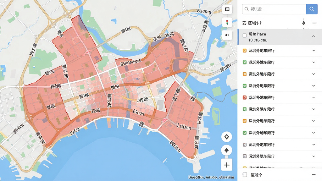 画面主体是一张深圳城市地图,地图上用红色半透明色块标注了深圳外地车限行区域,地图旁边有搜索框和区域列表,布局为左图右列表的排版,风格为扁平化地图设计,细节上标注了主要道路名称,画质高清干净无多余元素