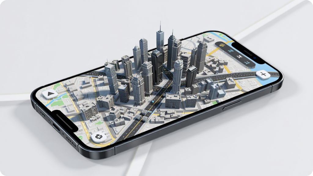 千里漫游地图 3D全景界面,主体为手机屏幕展示3D城市全景,有建筑和道路立体模型,布局为手机倾斜展示,背景为淡灰色,排版突出地图画面,风格写实科技,细节包含光影效果和地图控件,画质清晰,干净,无多余元素