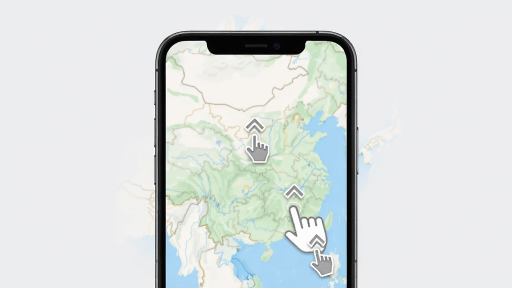 千里漫游地图 移动端操作界面,主体为手机屏幕显示地图和触控手势提示,布局为手机居中,背景为浅灰色,排版简洁,风格教程指引,细节包含手指图标和缩放箭头,画质高清,干净,无多余元素