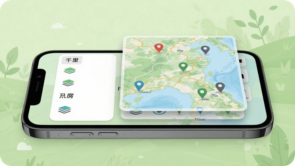 千里漫游地图 多图层切换,主体为手机屏幕显示图层选择菜单和地图叠加效果,布局为手机侧放,背景为浅绿色自然风格,排版层次分明,风格清新自然,细节包含图层图标和标记点,画质清晰,干净,无多余元素