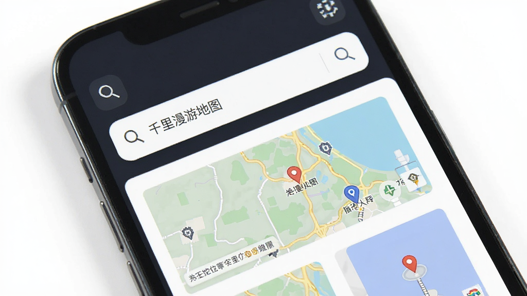 千里漫游地图 搜索定位功能,主体为手机屏幕显示搜索框和地图结果列表,布局为手机正面展示,背景为白色简约风格,排版清晰,风格商务简洁,细节包含搜索图标和地图缩略图,画质高清,干净,无多余元素