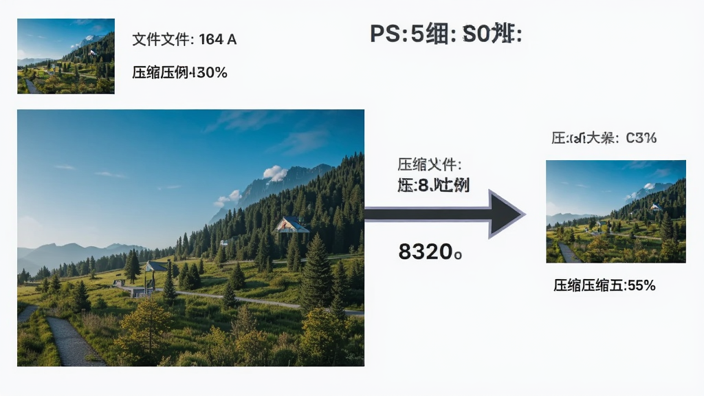 一张展示图片像素PS照片压缩器智能压缩算法的示意图,画面左侧是原始大尺寸照片,右侧是压缩后的清晰小图,中间用箭头连接并标注压缩比例,主体突出,布局左右对比,排版清晰,风格为现代简约,细节包括图片缩略图、文件大小数字、压缩百分比标签,画质干净,无多余元素