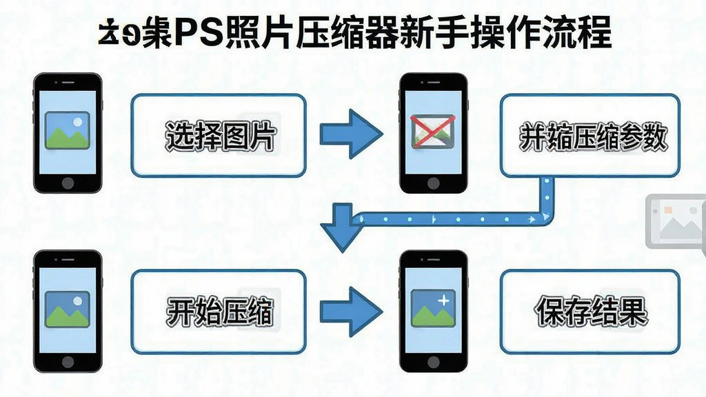 一张展示图片像素PS照片压缩器新手操作流程的步骤图,画面分为四个步骤,分别是选择图片、设置压缩参数、开始压缩、保存结果,主体为流程图,布局从上到下排列,排版清晰,风格为教程类信息图,细节包括手机图标、箭头指示、文字说明框,画质干净,无多余元素