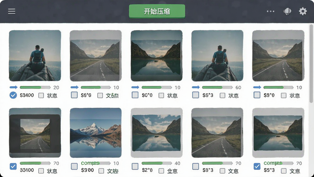 一张展示图片像素PS照片压缩器批量处理功能的界面截图风格插画,画面中显示多张图片以网格排列,每张图片下方有勾选框和压缩状态标识,顶部有开始压缩按钮,主体为批量图片列表,布局网格化,排版整齐,风格为移动端应用界面,细节包括勾选标记、进度条、文件大小变化,画质清晰,无多余元素