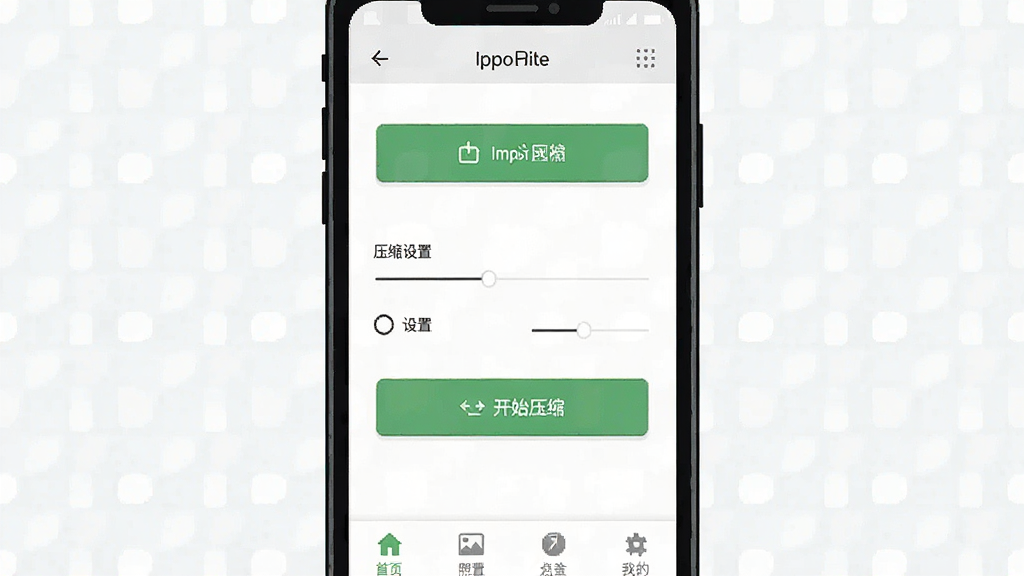 一张展示图片像素PS照片压缩器极简界面设计的手机应用截图风格插画,画面为手机屏幕显示软件主界面,包含导入图片按钮、压缩设置选项、开始压缩按钮,主体为应用首页,布局上下结构,排版清爽,风格为极简移动端UI,细节包括图标、文字标签、底部导航栏,画质清晰,无多余元素