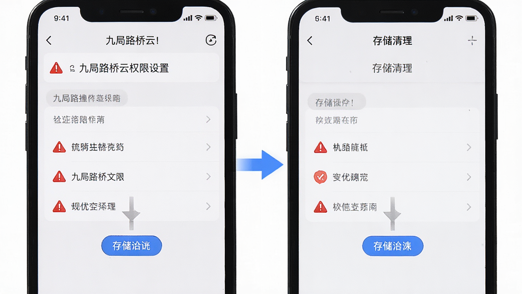 主体是手机屏幕显示九局路桥云权限设置页面与存储清理界面;布局为左右分屏展示两个操作步骤;排版上箭头指示操作顺序;风格为简洁教程风格;细节包括红色警示图标与蓝色优化标签,文字清晰;画质高清,干净,无多余元素