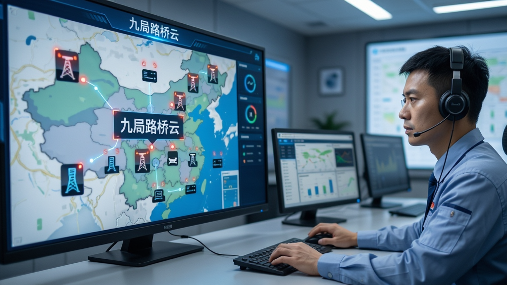 主体是电子地图界面展示多个设备图标分布,旁边有调度员正在操作电脑;布局为左侧地图右侧调度员;排版上地图占据大部分画面;风格为科技感指挥中心风格;细节包括地图上标注'九局路桥云'文字,设备图标闪烁,调度员表情专注;画质高清,干净,无多余元素