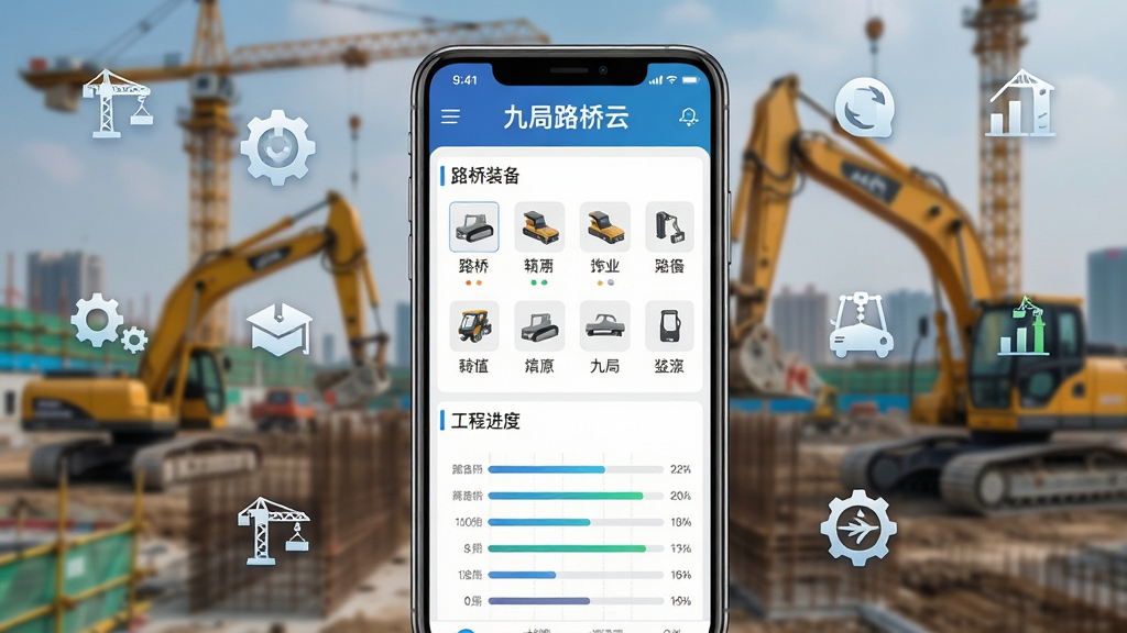 主体是一台智能手机屏幕展示九局路桥云软件界面,界面内包含路桥装备列表和工程进度图表;布局采用居中手机展示,背景为虚化的施工现场;排版上手机占画面中央,四周点缀工程图标;风格为现代科技写实风;细节包括手机屏幕内清晰可见'九局路桥云'文字、装备图标和进度条;画质高清,干净,无多余元素