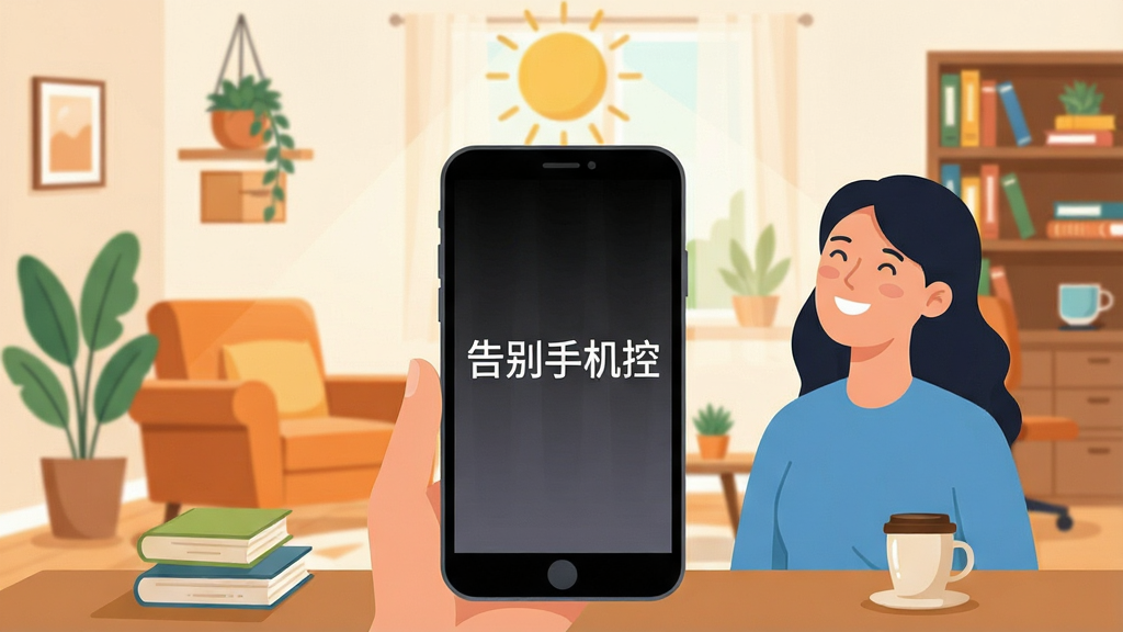 一张展示现代人放下手机、抬头微笑面对阳光的插画,画面中央是手机屏幕逐渐变暗并浮现出“告别手机控”文字,背景为温馨的家庭客厅与书房,布局简洁明亮,排版采用居中构图,风格为扁平化矢量插画,细节包括绿植、书籍、咖啡杯,画质清晰干净,无多余元素。