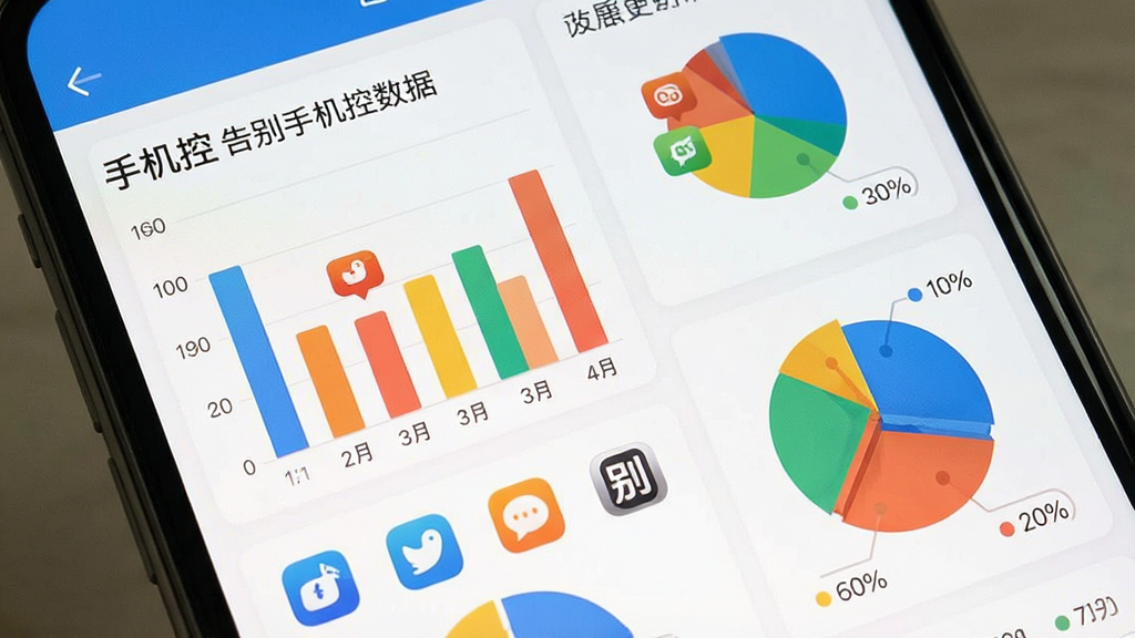 一张展示手机使用数据统计图表的界面截图,画面主体为手机屏幕上的彩色柱状图和饼图,图表中标注着“告别手机控”的数据分析字样,布局为竖向手机屏幕展示,排版清晰,风格为现代扁平化数据面板,细节包括时间轴、应用图标、百分比数字,画质清晰干净,无多余元素。