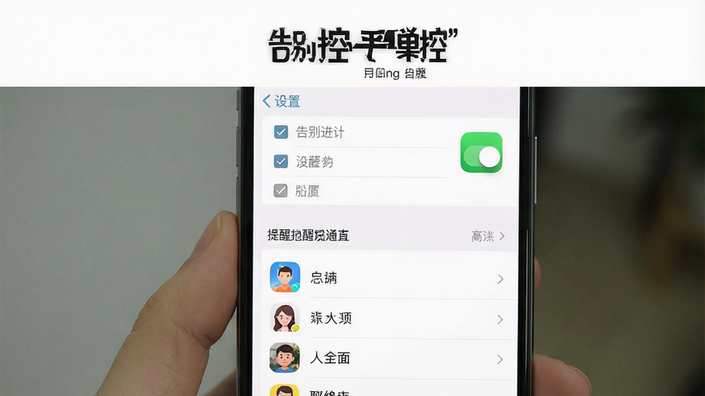 一张展示手机设置白名单和提醒选项的界面图,画面主体为手机屏幕上的开关按钮和联系人列表,屏幕上方带有“告别手机控”的标题,布局为设置菜单样式,排版整齐,风格为清爽浅色UI,细节包括勾选框、应用图标、文字标签,画质清晰干净,无多余元素。