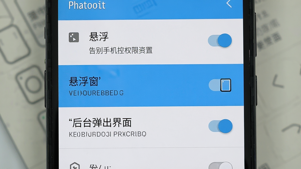 一张展示手机屏幕上告别手机控权限设置界面的图片,画面主体为手机设置菜单中的权限开关列表,高亮显示“悬浮窗”和“后台弹出界面”选项,布局为手机竖屏截图,排版清晰,风格为原生安卓设置界面,细节包括权限图标、开关按钮、文字说明,画质清晰干净,无多余元素。