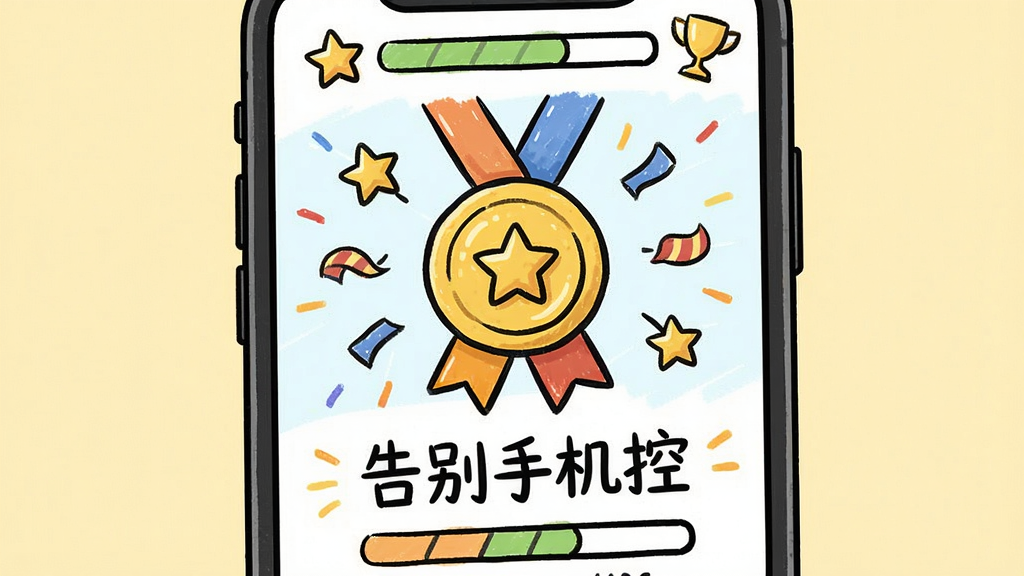 一张展示手机屏幕上获得自律勋章和奖励的界面图,画面主体为手机屏幕中央的一枚金色勋章和庆祝彩带,勋章下方写着“告别手机控”的鼓励语,布局为居中特写,排版活泼,风格为卡通手绘风格,细节包括星星、奖杯、进度条,画质清晰干净,无多余元素。