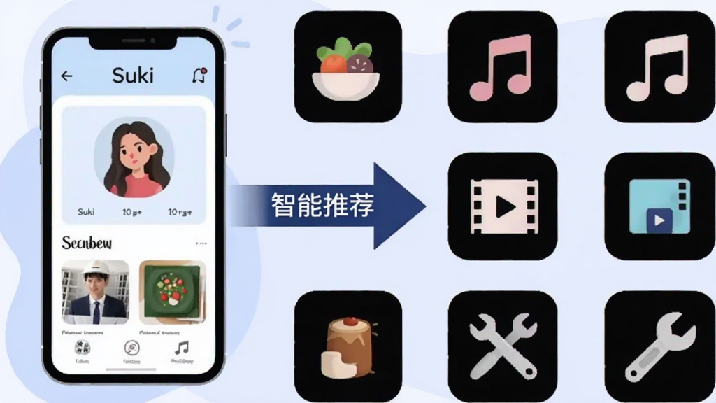 一张信息图表风格的插画,左侧是手机屏幕显示Suki的推荐页面,右侧是各种推荐内容的图标,包括食物、音符、电影胶片、工具扳手等。中间用箭头连接,箭头上有