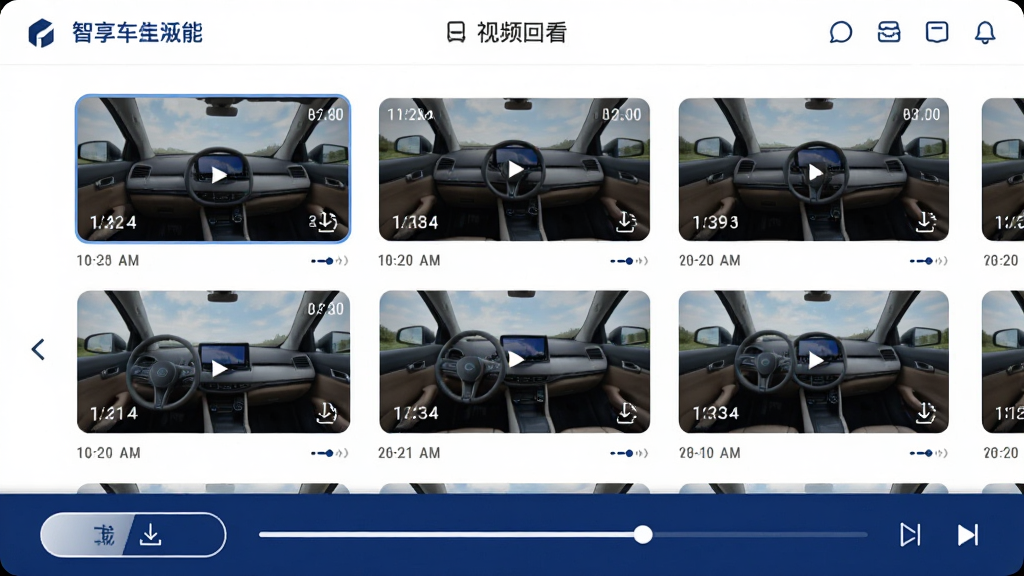 画面主体是智享车生活软件的视频回看界面截图,屏幕中显示多个视频缩略图按时间排列,下方有下载按钮和播放控制条,布局采用竖向列表排版,风格为简洁扁平化UI设计风,细节包括缩略图上的时间水印、下载进度图标、顶部导航栏,画质高清,画面干净,无多余元素,整体色调以白色和深蓝色为主